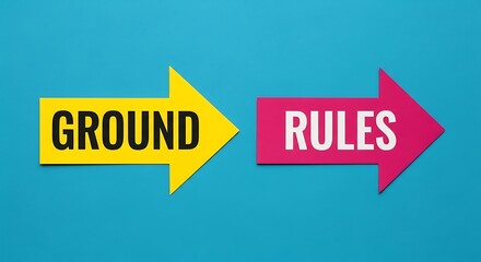 Yellow ground arrow and pink rules arrow on a blue background