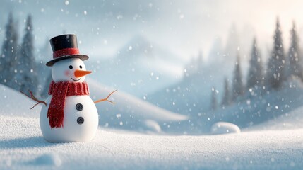 A cheerful snowman with a red scarf and black hat stands in a snowy winter wonderland landscape scene with trees