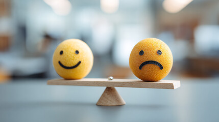 happy and sad smiley face emojis on a balance scale - on a blurred office background.