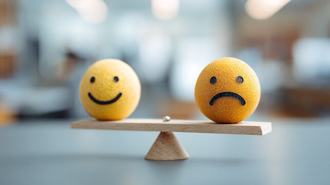 happy and sad smiley face emojis on a balance scale - on a blurred office background.	