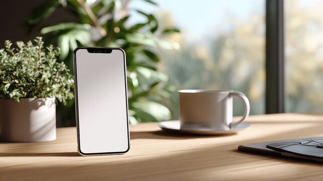 Aesthetic workspace featuring a smartphone with a blank screen, a cup of coffee, and plants on a wooden desk near a window