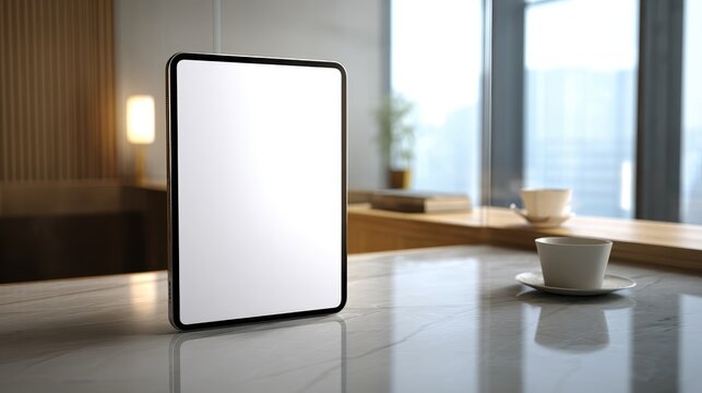 Modern workspace featuring a tablet with a blank screen, a cup of coffee, and a book on a marble desk near a window
