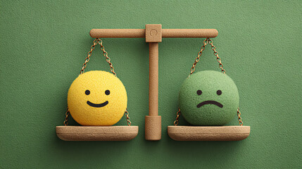 happy and sad smiley face emojis on a balance scale - on a green background.