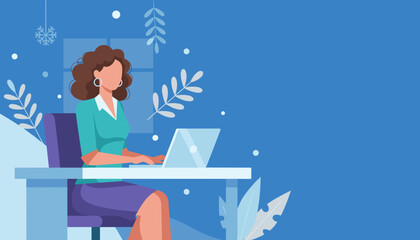 Professional woman using laptop at desk Remote work winter seasonal business illustration
