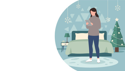 Woman uses a digital tablet in a cozy Christmasdecorated bedroom Winter holiday lifestyle vector
