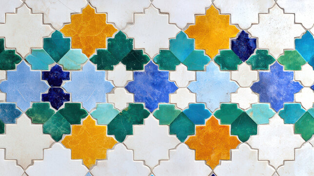 Intricate Islamic tile design featuring vibrant colors like blue, green, yellow, and white, showcasing geometric patterns and craftsmanship