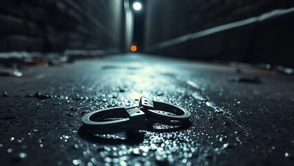 restraint. A pair of broken metal handcuffs on wet pavement in a dim alley. public awareness campaigns, NGO reports, designed for public awareness campaigns and NGO communications.