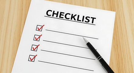 Checklist with red check marks and a pen on a wooden surface