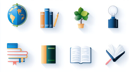 Educational icons including globe, books, pencil, plant, lamp, and open books symbolize learning and knowledge