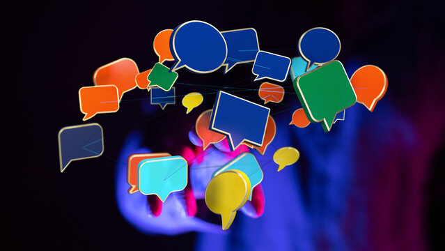 Creative digital speech bubble graphic illustration of communication, social media concept. Floating 3D bubble - Powered by Adobe