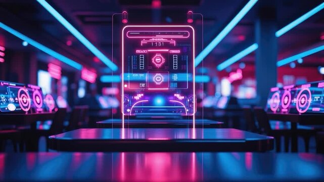 Tech Showcase: A glowing holographic display highlights a smartphone, set in a modern tech-infused environment. Showcasing cutting-edge technology and innovation in a sleek, neon-lit setting.