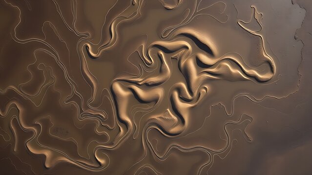 outclassing. Aerial view of tidal mudflats at low tide, intricate water channels winding through dark sediment. travel magazines.