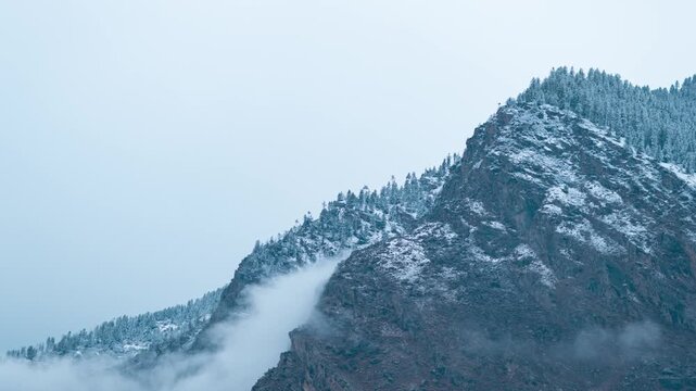 Storm clouds roll over snow mountains during stormy day in Monsoon at Lahaul, Himachal Pradesh, India. 4K Time Lapse of dark clouds rolling over mountains. Nature landscape. Travel background.
