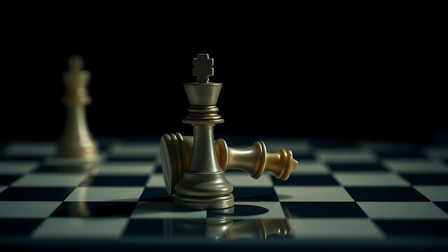 toppled. A fallen king chess piece on a board with dramatic side lighting. event key visuals, club posters, designed for fitness apps and gym onboarding, drives event promotion.