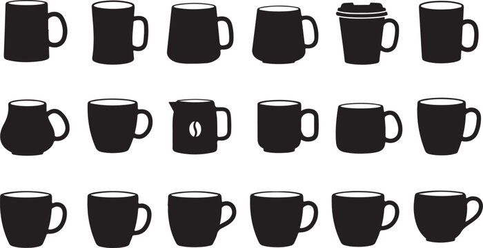A diverse collection of hand-drawn coffee mugs, cups, and pitchers in a vintage sketch style. Isolated doodle illustrations perfect for cafe menus and branding