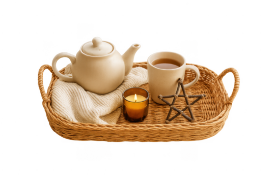 Wicker tray with teapot, tea mug, candle, and blanket
