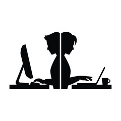 Collaboration Icon: Man and Woman Working Back-to-Back on Desktop and Laptop for Teamwork Partnership