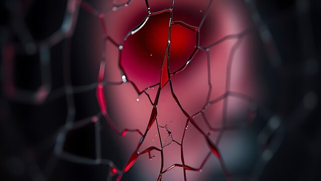 psychological. Close-up of cracked glass with deep red hues, symbolic abstract concept. wellbeing guides, coaching materials, designed for mental health education and mindfulness programs.