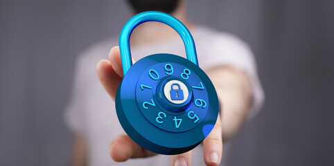 Close up of a hand holding a blue combination padlock, emphasizing digital security and protection...