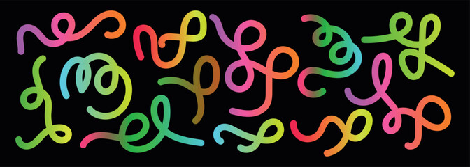 Colorful neon scribble loop set with glowing strokes, swirling lines, and vibrant decorative shapes ideal for playful abstract backgrounds, modern digital artwork, and creative design themes