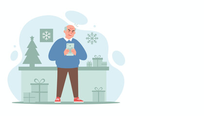 Frustrated grandfather using smartphone near Christmas tree and gifts