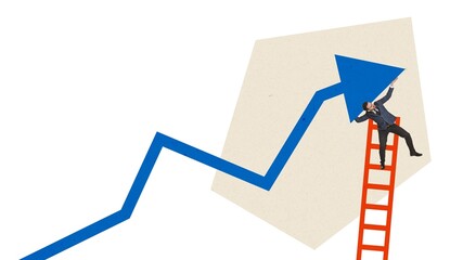 Graphic composition of a businessman lifting a heavy rising arrow. Concept of growth, leadership,performance expectations, and strategic pressure in competitive business environments.