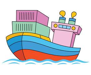 Colorful Container Ship Side View Vector – Modern Cargo Vessel Illustration, container ship, cargo ship, shipping boat