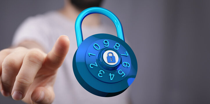 Hand reaching towards a digital padlock, concept of data security and protection. Password protection, online s