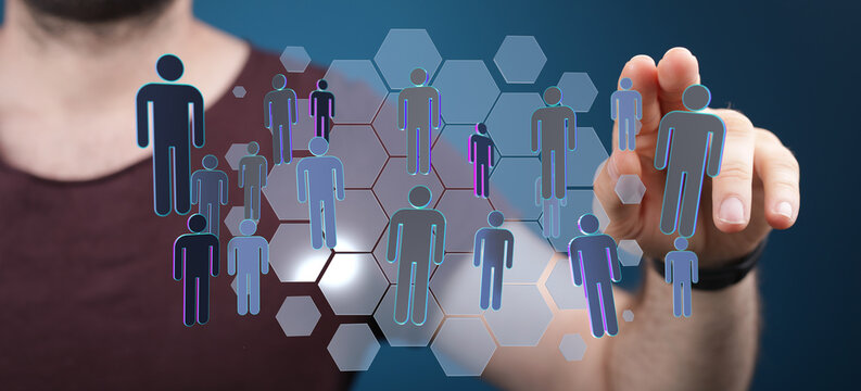 Concept of teamwork, communication and technology in the digital age. Connection of people in a network visuali - Powered by Adobe