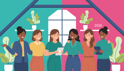 Fototapeta premium Diverse team of six professional women collaborating Business success and future planning for 2026