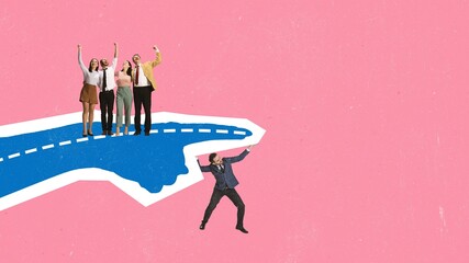 Vibrant collage of cheering team standing on a large direction sign lifted by businessman. Concept of teamwork, shared achievement, leadership support, group motivation, and collective progress.