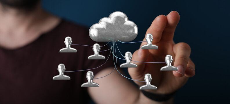 Conceptual image of cloud computing technology, showing human connections and data transfer with hand reaching.
