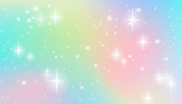  Magical pastel unicorn hologram gradient with sparkles. Soft pink, purple and rainbow fantasy vector background for festive decor, kids party, celebration design and creative illustration
