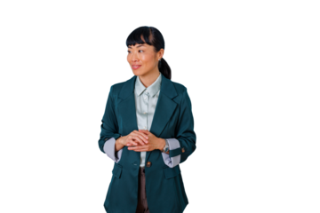 Confident asian woman looking away, smiling, standing professionally in blazer, hands clasped, transparent background
