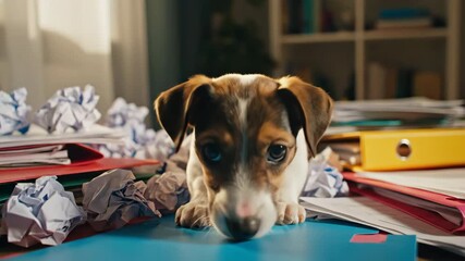 Adorable puppy amidst office chaos creating a relatable work from home scene