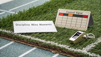 Close up of whistle and scoreboard on artificial grass field