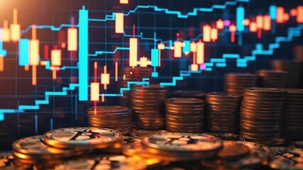 Financial Landscape: The image presents a dynamic composition of cryptocurrency coins, set against the backdrop of vibrant financial charts. - Powered by Adobe