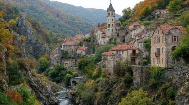 Historic mountain village with ancient stone buildings