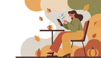 Angry woman stressed by technology issues on her tablet during autumn coffee break
