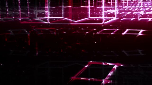 Leuchtende gitterf&ouml;rmige Geometrie f&uuml;r Technologie, Energie, Produktion & Datentransfer &ndash; moderne Architektur, Planung & Sicherheit visualisiert, pink, magenta