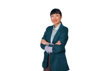 Asian businesswoman posing with arms crossed, exuding confidence and professionalism, standing against a transparent background
