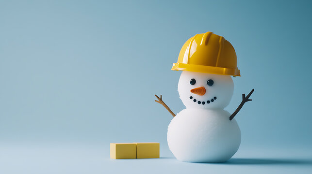 A whimsical snowman wearing a yellow construction hard hat, set against a soft blue background. Two yellow toy blocks are next to the snowman adding to the playful, winter scene.