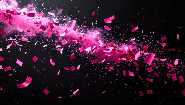 Swirling pink dust and confetti against a dark backdrop creates a dynamic and celebratory visual
