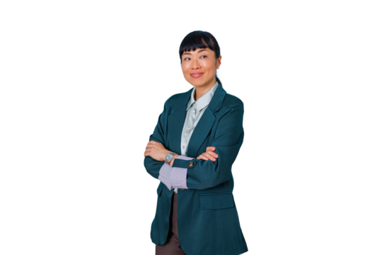 Asian businesswoman posing with arms crossed, exuding confidence and professionalism, standing against a transparent background
