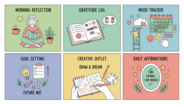 Selfcare and personal development steps gratitude mood tracking goal setting and reflection