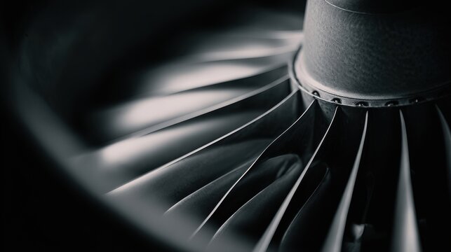 Macro view of jet turbine engine fan blades in detail