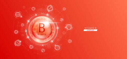 Synthetic natural vitamin B in hexagonal dome red. Surrounded by fruit, vegetable, syringe, pills and IV bag icons. Medical scientific concepts. Vector.