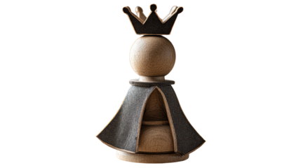Wooden King Figurine with Crown and Cloak, Leadership and Authority Concept