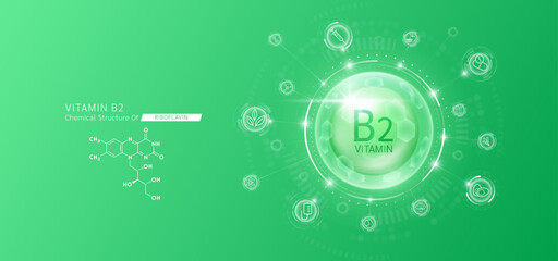Synthetic natural vitamin B2 in hexagonal dome green. Surrounded by fruit, vegetable, syringe, pills and IV bag icons. Chemical structure of Riboflavin. Medical scientific concepts. Vector.