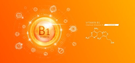 Synthetic natural vitamin B1 in hexagonal dome orange. Surrounded by fruit, vegetable, syringe, pills and IV bag icons. Chemical structure of Thiamine. Medical scientific concepts. Vector.